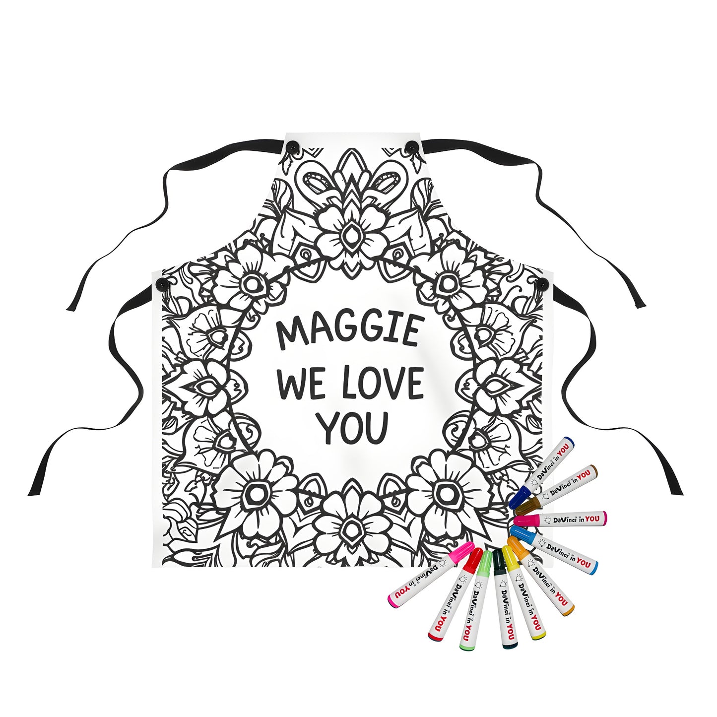 Colorful floral mandala apron with decorative flowers and inspirational quote