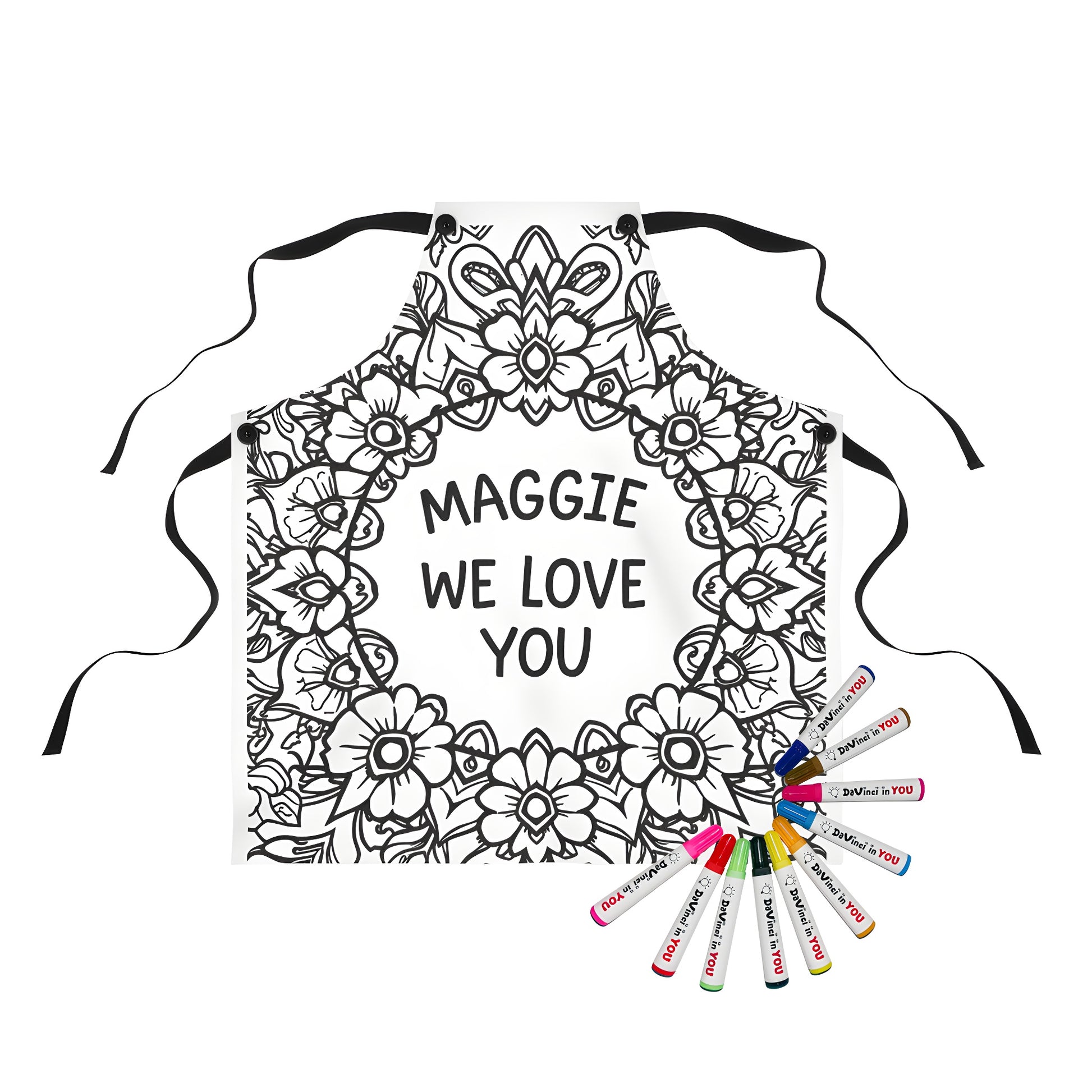 Colorful floral mandala apron with decorative flowers and inspirational quote