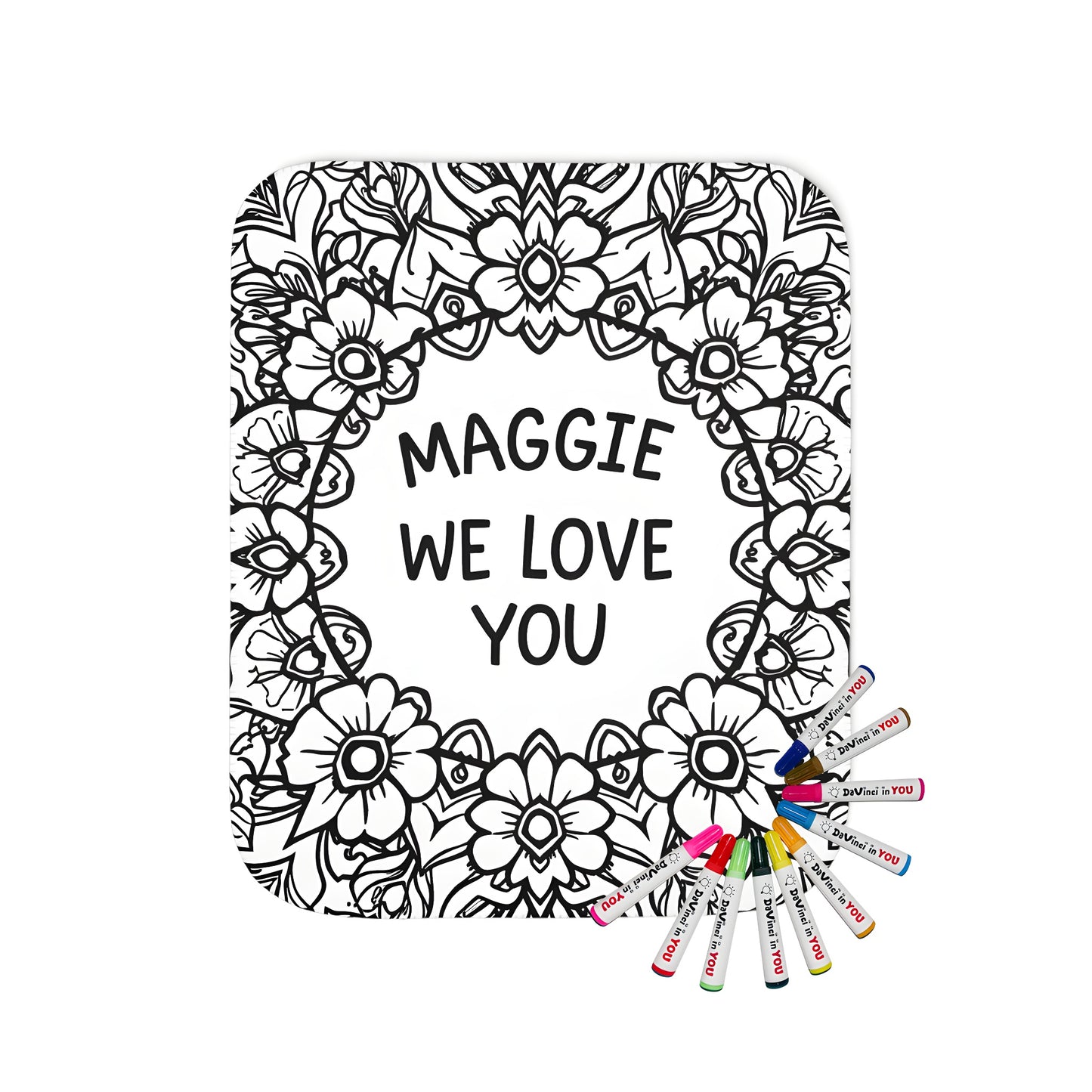 Blanket with beautiful floral mandala design, intricate flowers and 'Maggie we love you' message