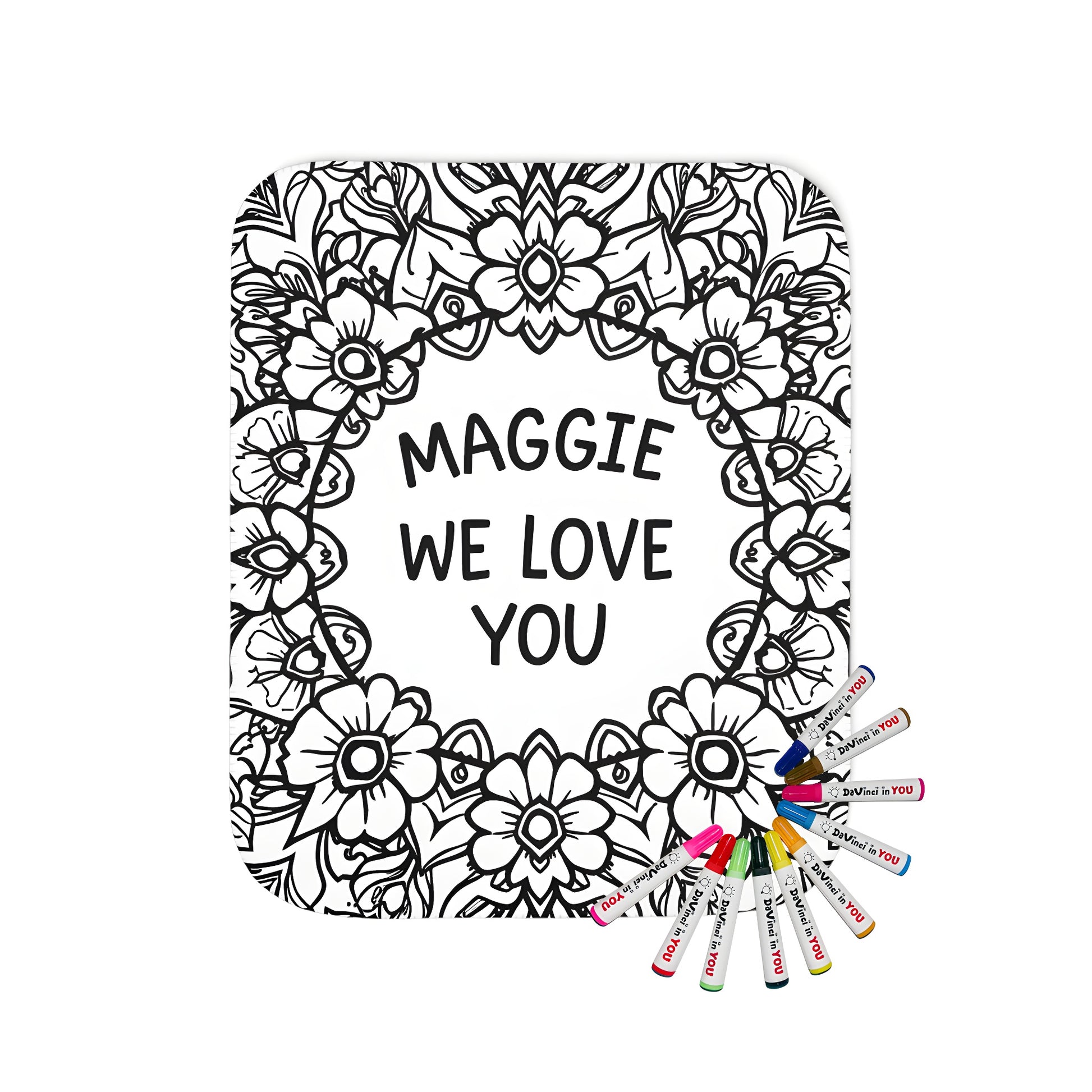 Blanket with beautiful floral mandala design, intricate flowers and 'Maggie we love you' message