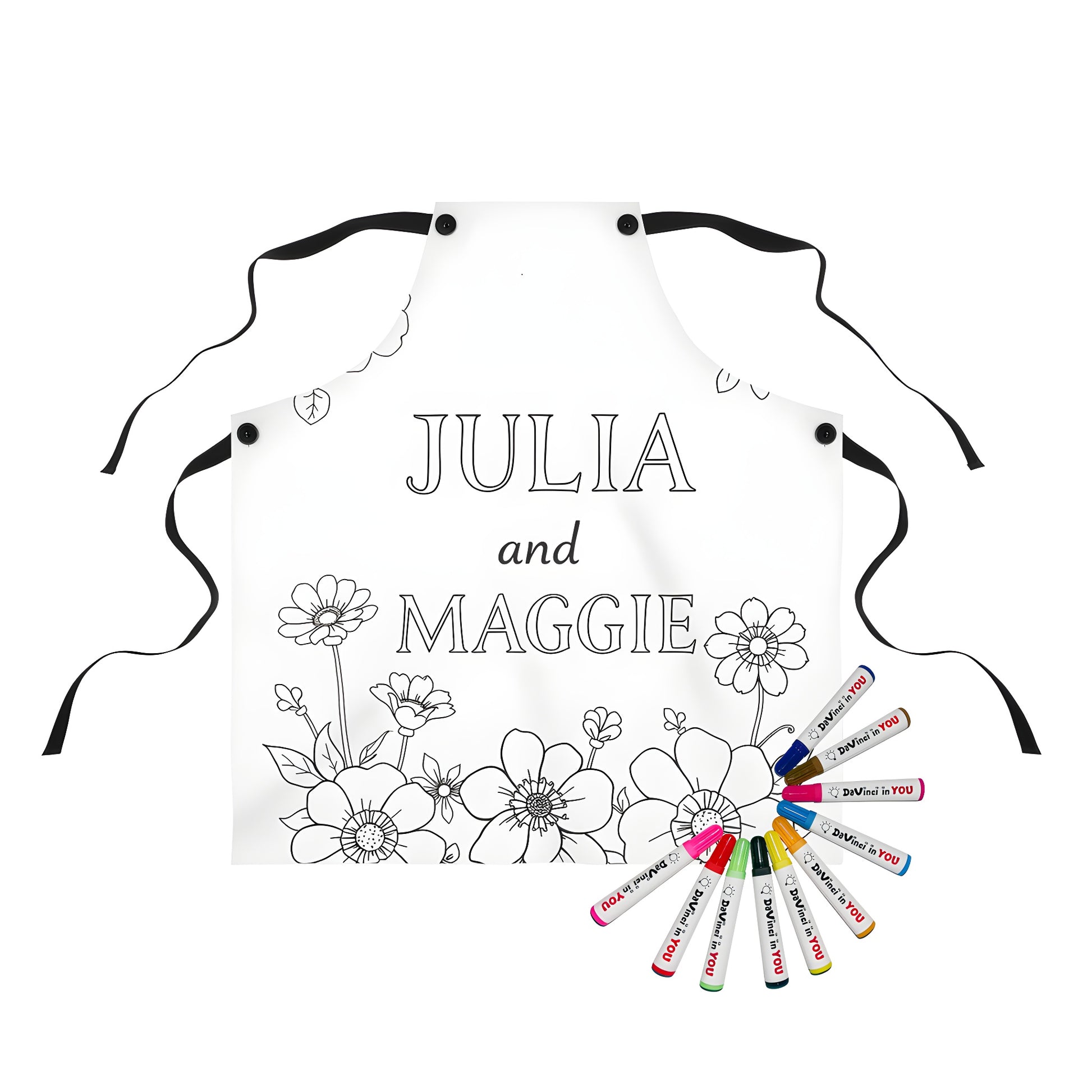 A black and white floral design apron featuring colorful flowers with names 'Julia' and 'Maggie', perfect for adult coloring enthusiasts