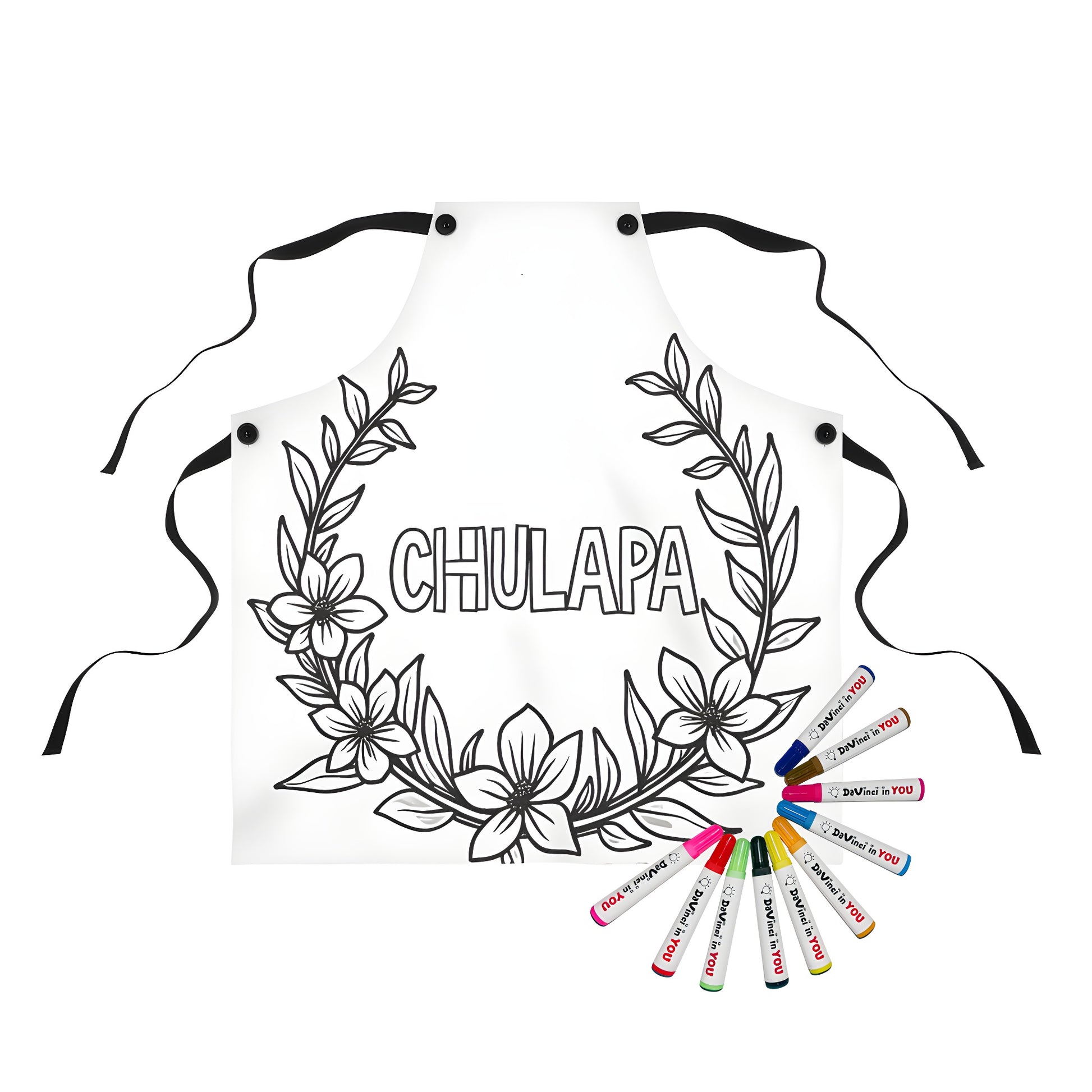 Apron featuring a colorful floral wreath design with blooming flowers and 'CHULAPA' illustration