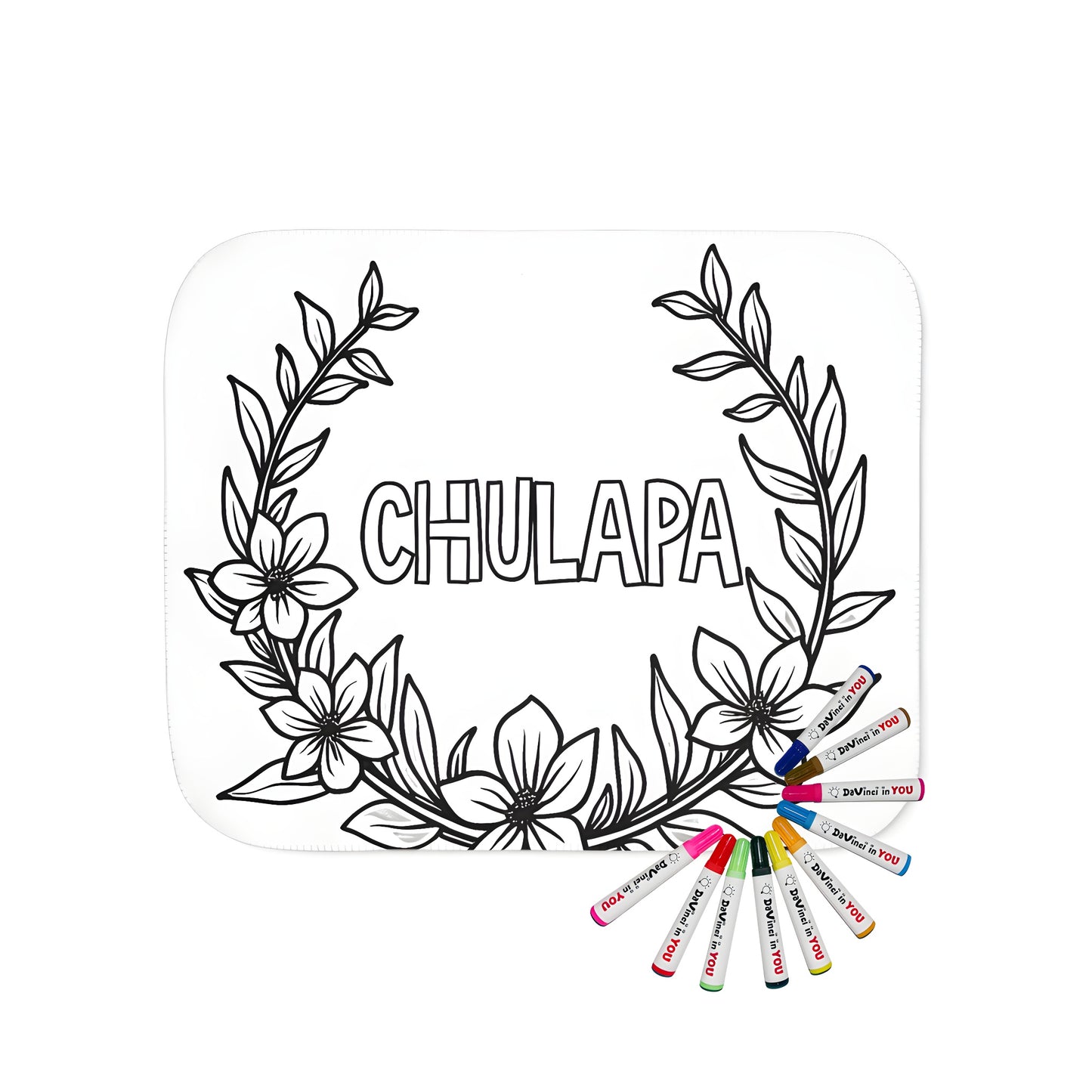 Coloring blanket featuring a black and white floral wreath illustration with blooming flowers and 'CHULAPA' in the center. Blanket with floral design.