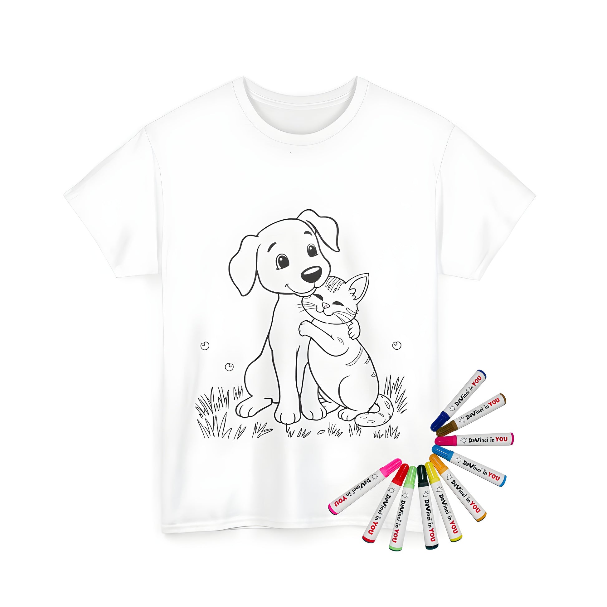 Coloring kit t-shirt featuring cute puppy and kitten illustrations, perfect for dog lovers and cat enthusiasts alike. Unisex tee for men and women with fun fabric markers.