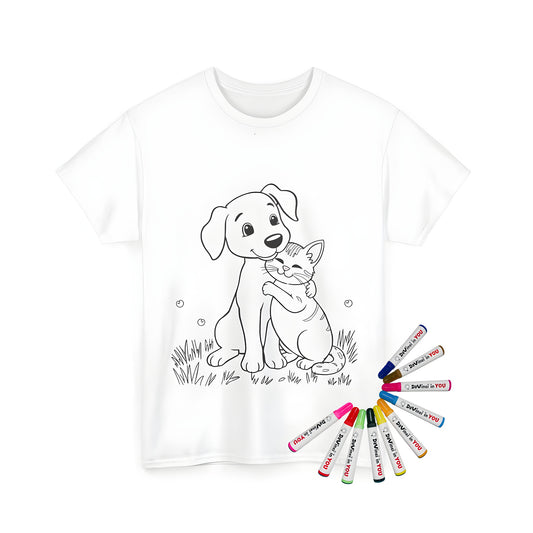 Coloring kit t-shirt featuring cute puppy and kitten illustrations, perfect for dog lovers and cat enthusiasts alike. Unisex tee for men and women with fun fabric markers.