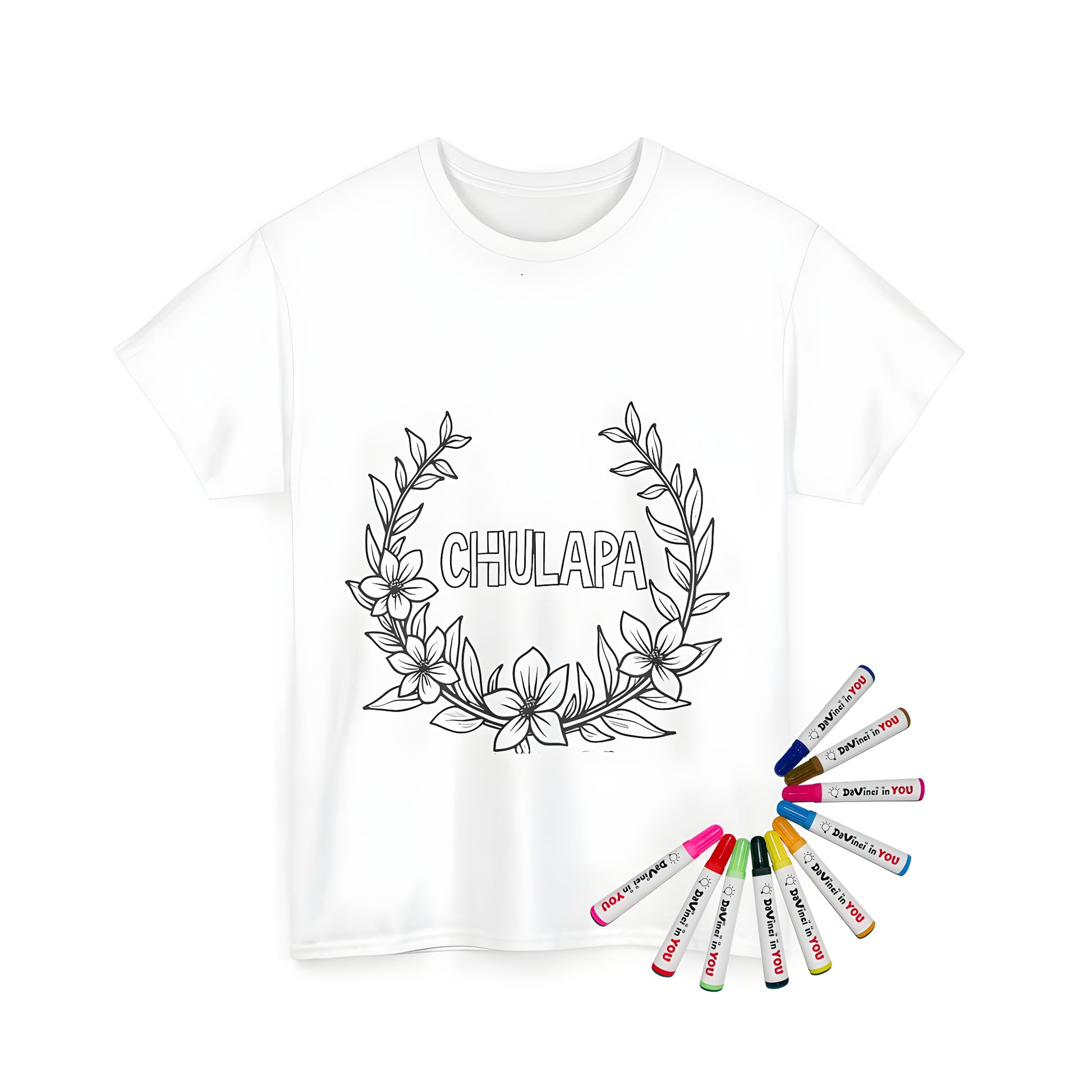 Unisex t-shirt featuring a beautiful floral wreath design with colorful flowers and the word 'CHULAPA' in the center