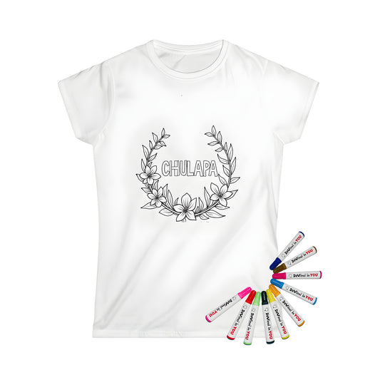 Women's t-shirt featuring a vibrant floral wreath design with blooming flowers and a stylish CHULAPA logo