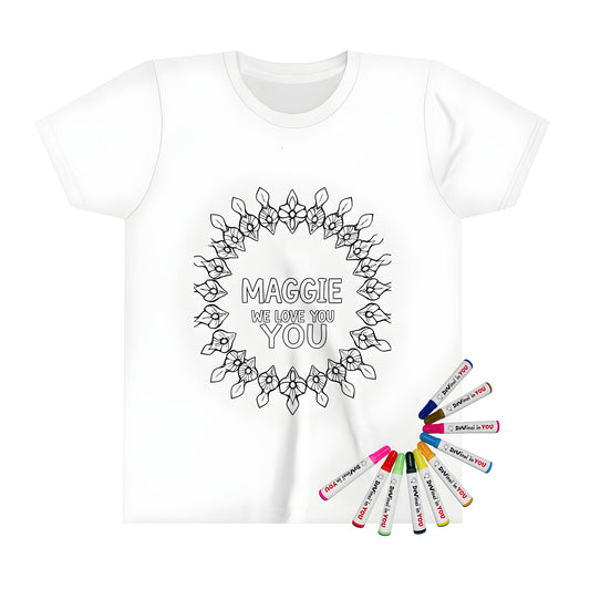 Floral wreath coloring page t-shirt, kids' clothing with vibrant fabric markers