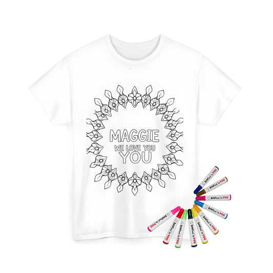 Coloring t-shirt with floral wreath and 'Maggie, We Love You' design