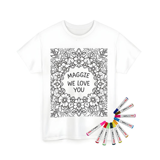 Unisex T-shirt with colorful floral mandala design featuring decorative flowers and 'Maggie we love you' in the center