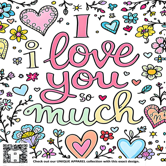 Colorful floral graphics featuring hearts and flowers, surrounded by loving sentiment