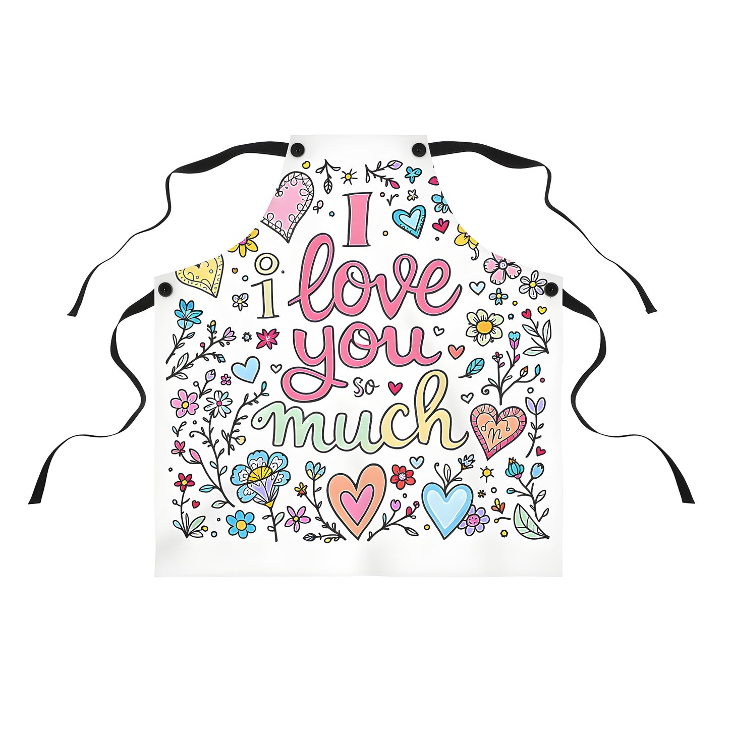 Colorful graphic design apron featuring romantic flower motifs