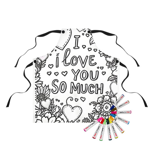 Colorful apron with floral pattern and heart shapes for creative kids and adults