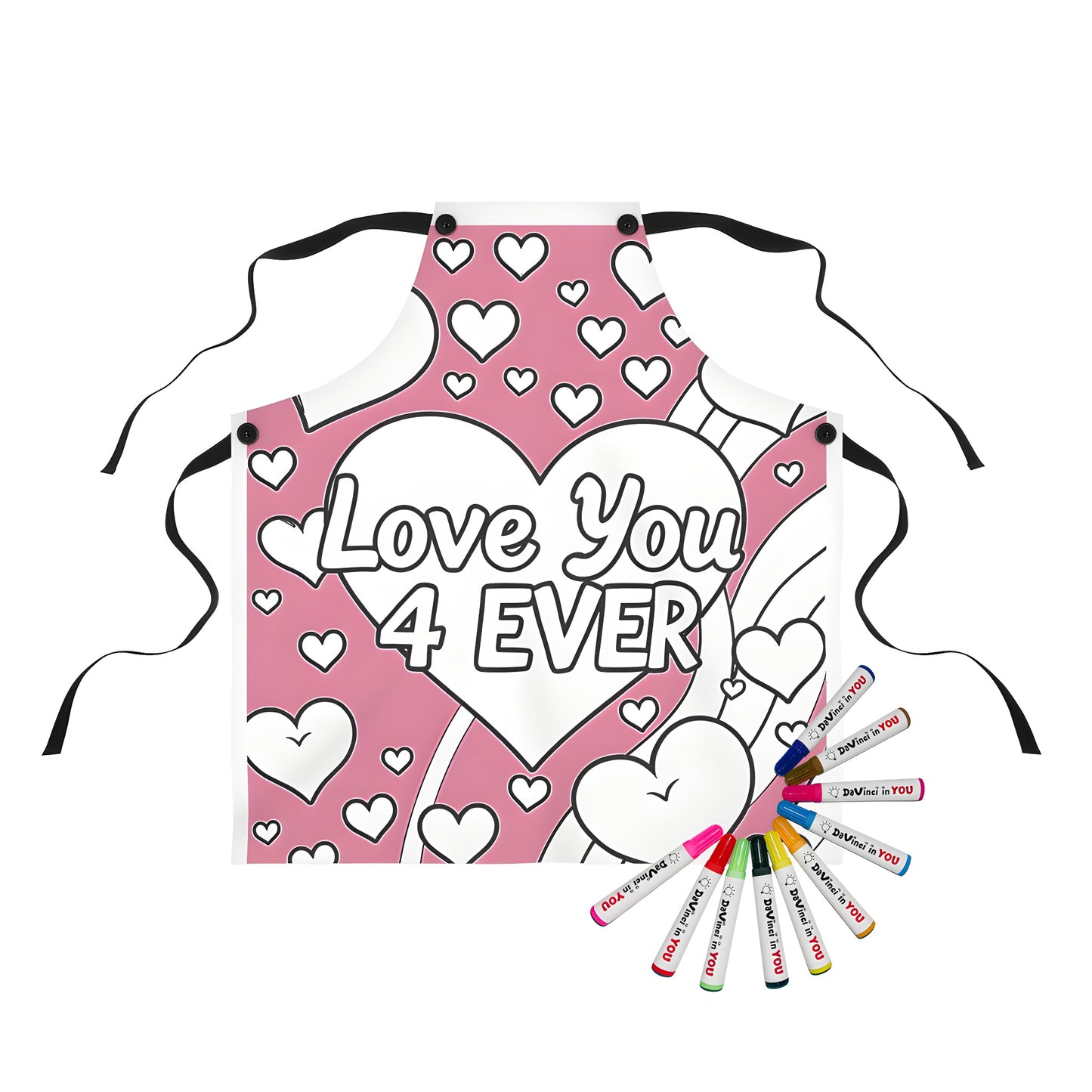 Colorful apron with large and small heart designs, 'Love You 4 EVER' written on a pink background