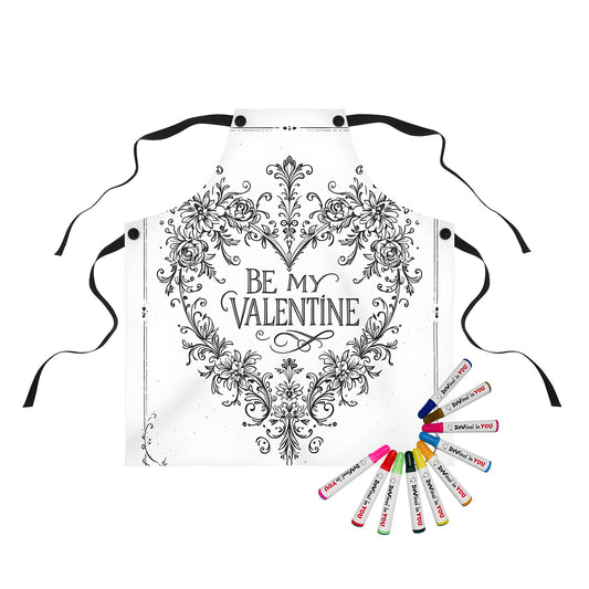 Apron featuring an ornate heart-shaped floral design with intricate detailing and 'BE MY VALENTINE' text at center, surrounded by elegant swirls.