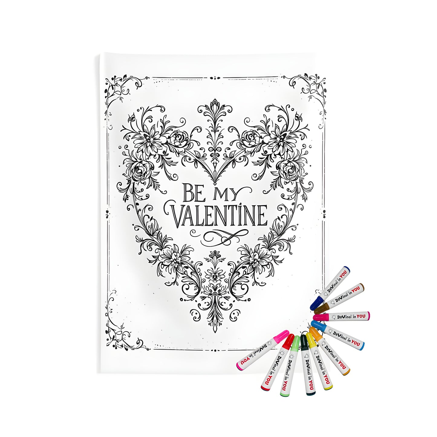 Indoor wall tapestries coloring kit with fabric markers, ornate heart-shaped floral designs, elegant swirls, and 'Be My Love Day' or 'Love You More Than Words' decor ideas