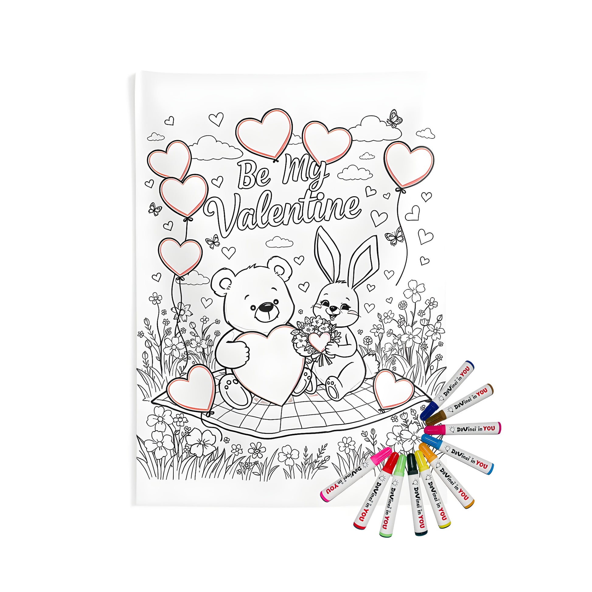 Cute bear and rabbit on a picnic, surrounded by hearts and flowers Indoor wall tapestry, Be My Valentine theme