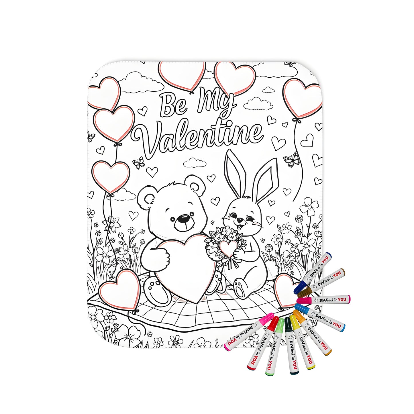 Cozy blanket for a Valentine's Day picnic with a cute bear and rabbit illustration