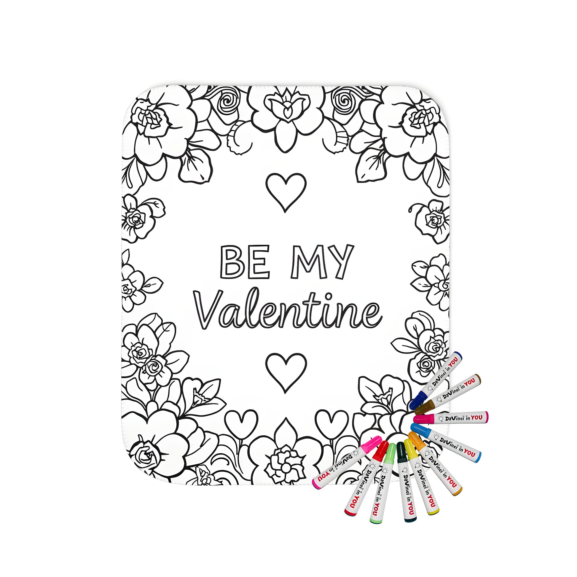 Cozy blanket with "Be My Valentine" coloring page design and fabric markers