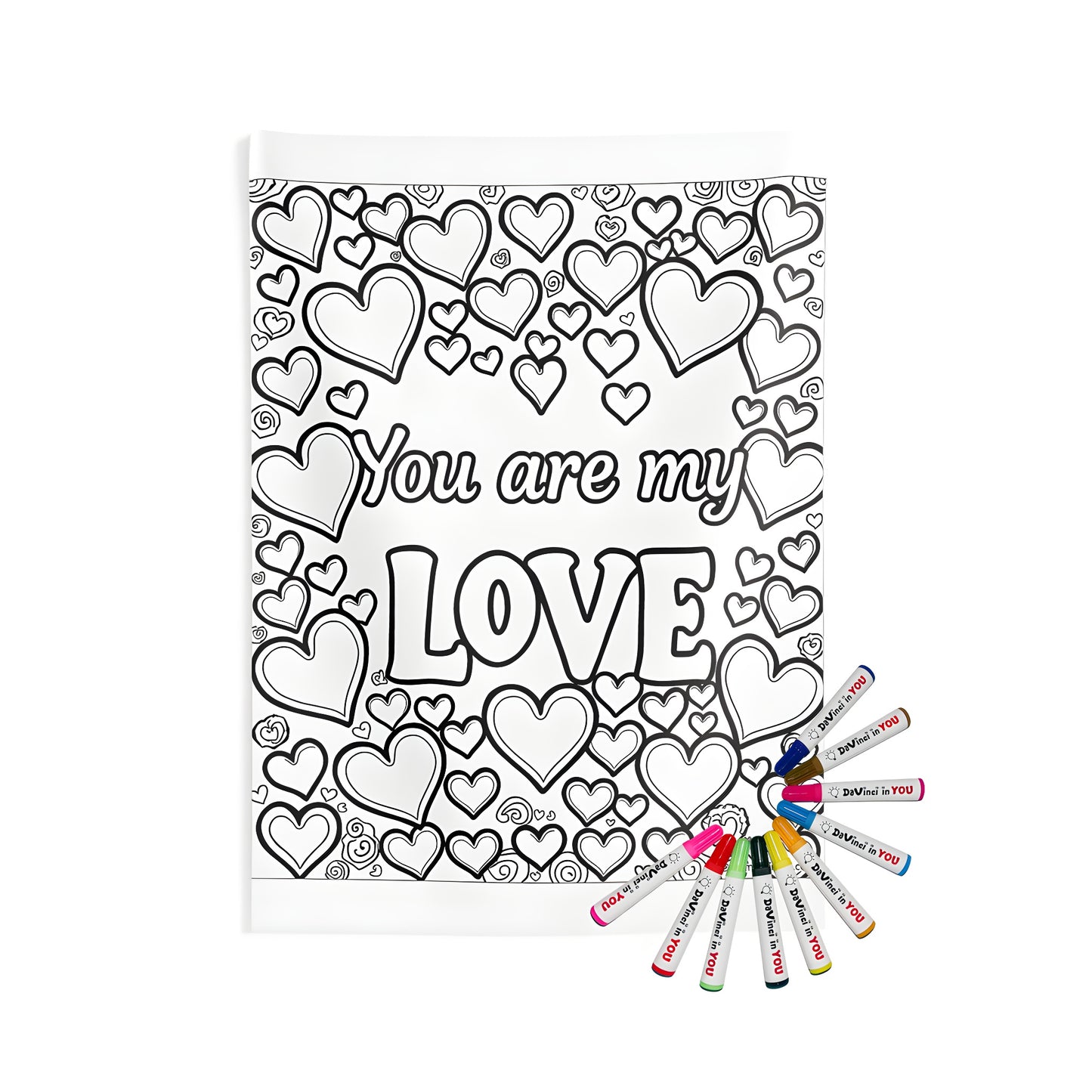 Indoor wall tapestry with heart-themed coloring page design for adults. Features a vibrant, whimsical print of 'You are my LOVE' surrounded by numerous hearts and swirls.