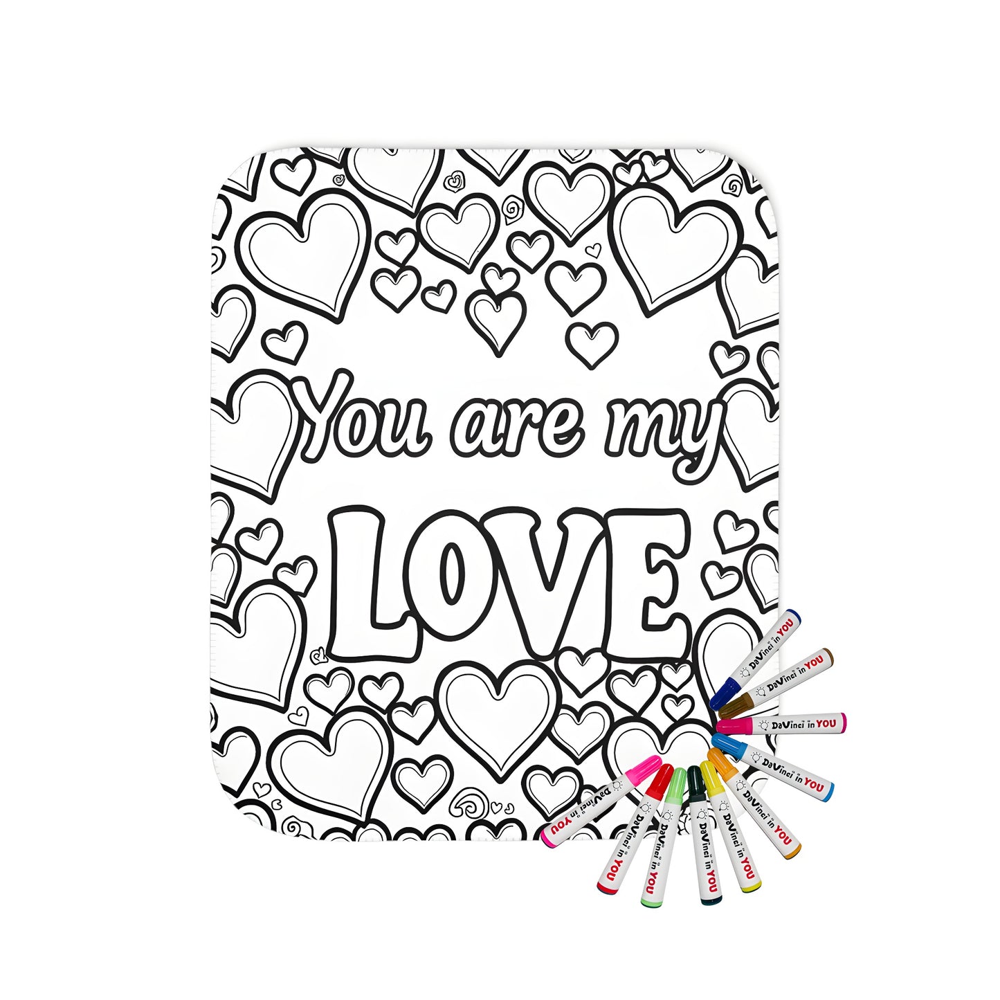 Colorful blanket with love quotes and heart designs made from a coloring page