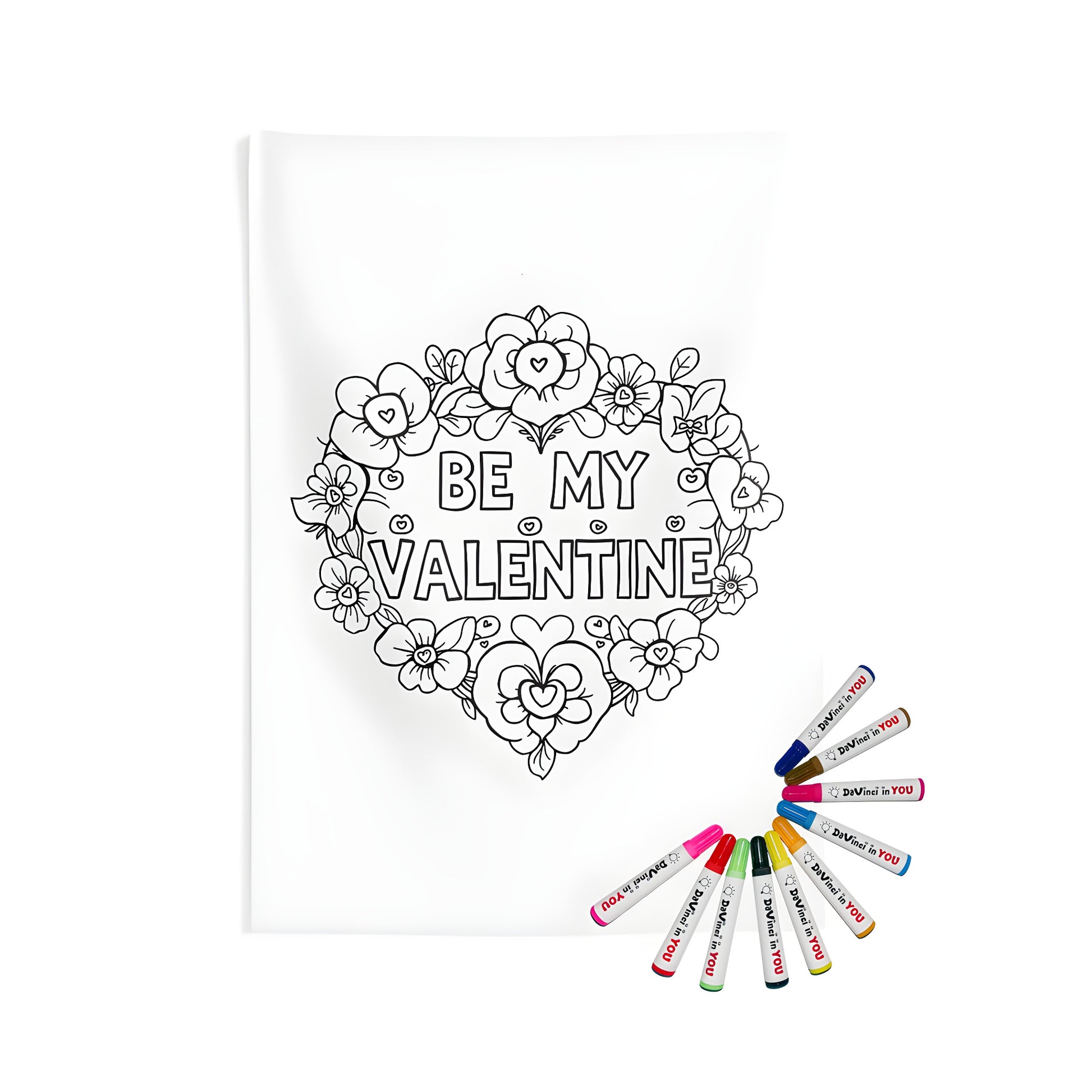 Indoor wall tapestries coloring kit with fabric markers. Features a 'Be My Valentine' theme with flowers and hearts. Perfect for Valentine's Day decor or activities.