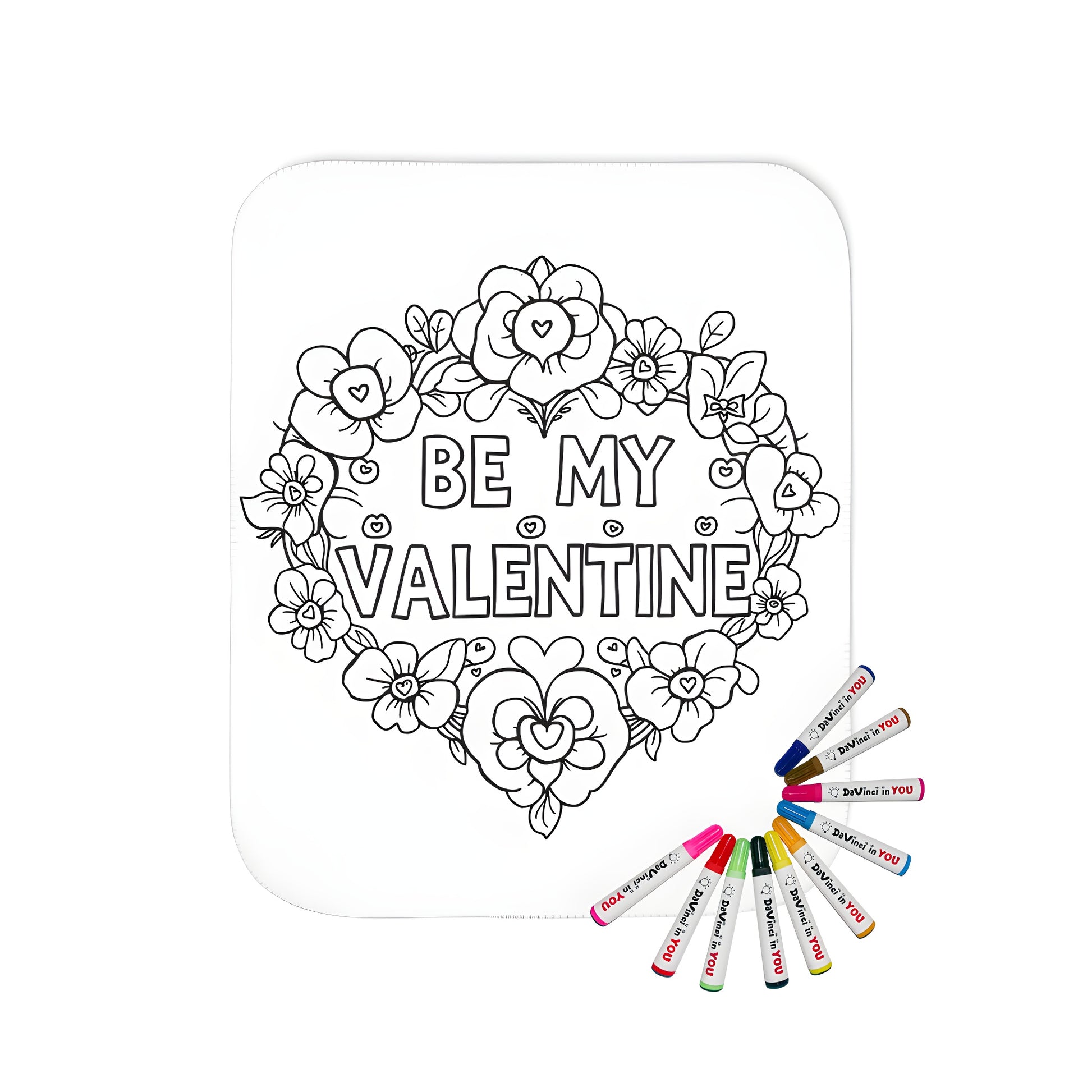 Cozy blanket featuring 'Be My Valentine' coloring page design with flowers and hearts, perfect for a romantic gesture or sweet gift