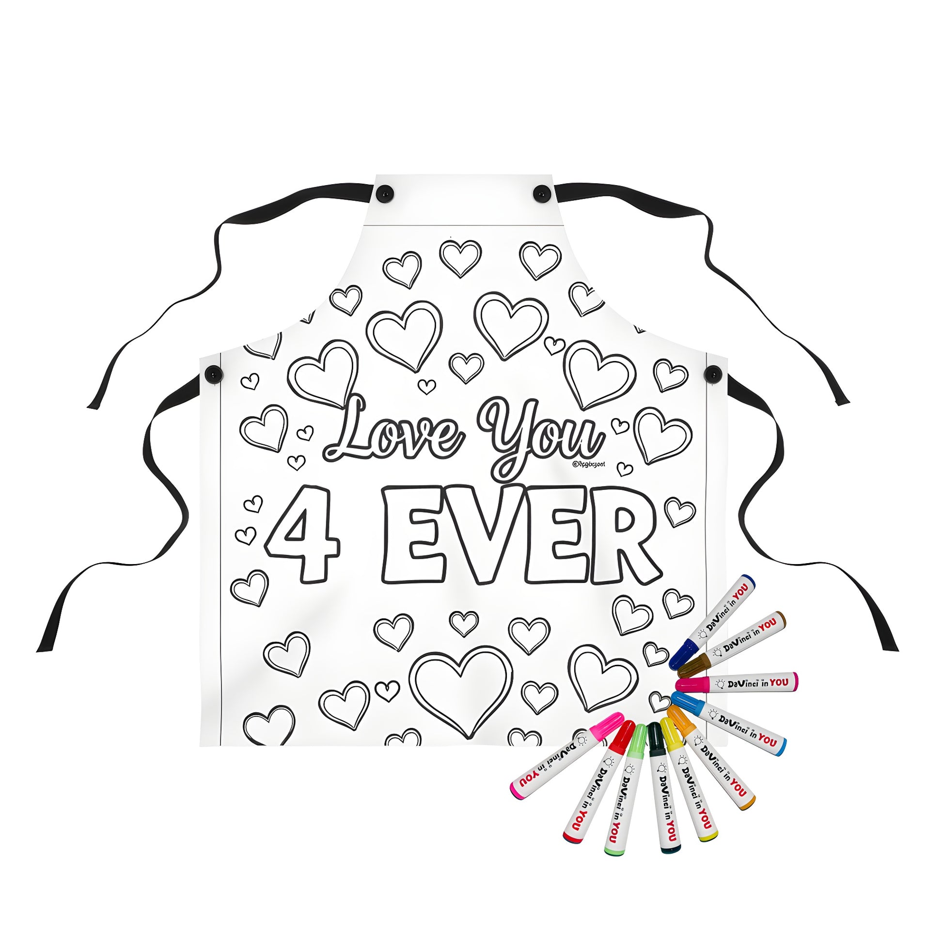 A colorful apron featuring a heartwarming design of interlocking hearts surrounded by loving sentiments like 'Love You 4 Ever'