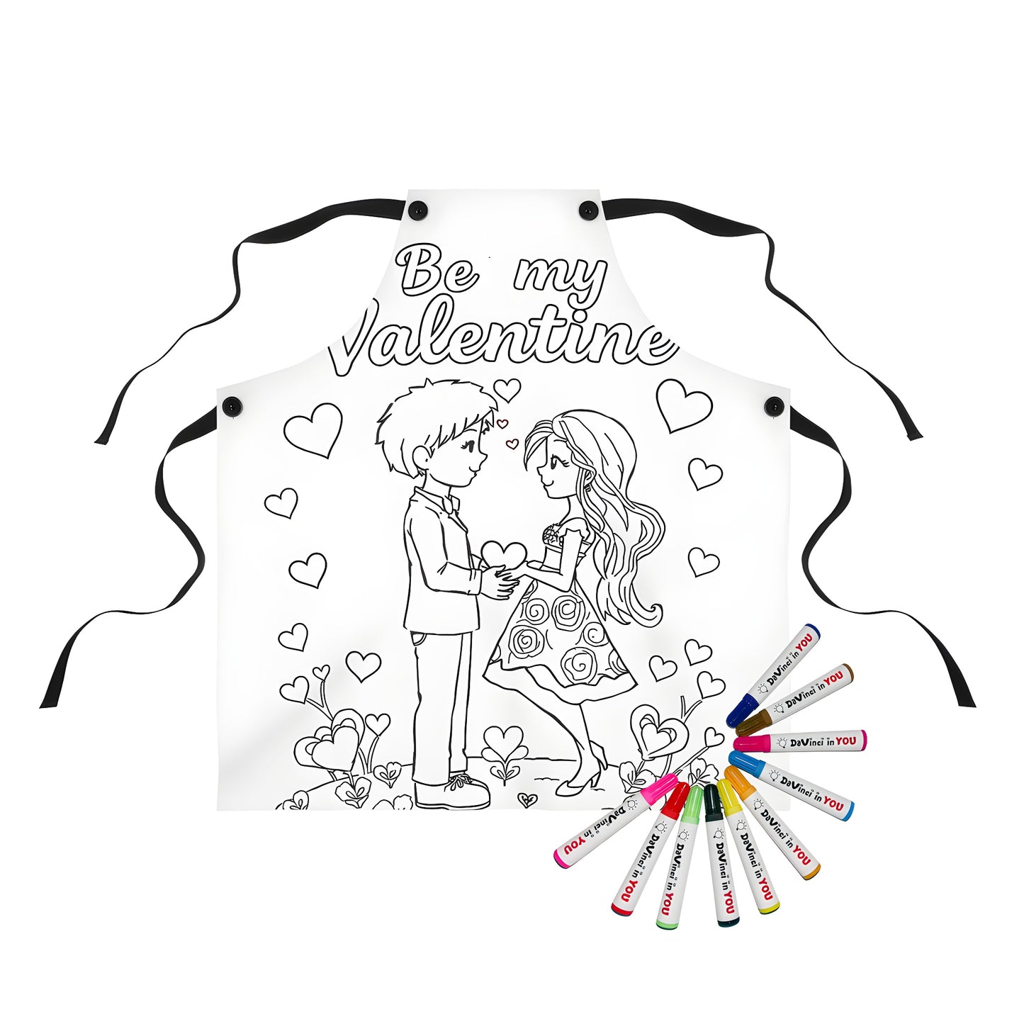 Lovely couple exchanging hearts amidst flowers on an apron, perfect for Valentine's Day, sweetheart gift, love, affection, romance, and friendship