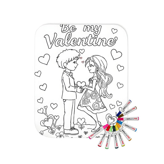 Blanket with a colorful Valentine's Day theme, featuring a cartoon couple exchanging hearts amidst flowers and hearts. Perfect for lovebirds!