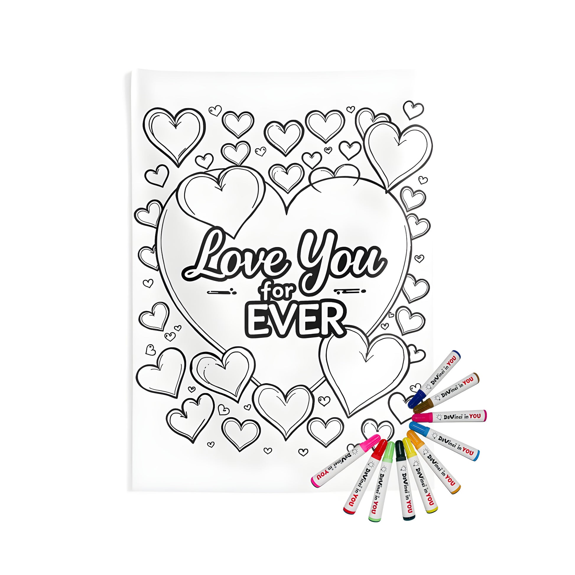 Lovely indoor wall tapestry with a black-and-white coloring page design of hearts surrounding 'Love You for Ever', perfect for Valentine's Day. Includes fabric markers for a personalized touch.