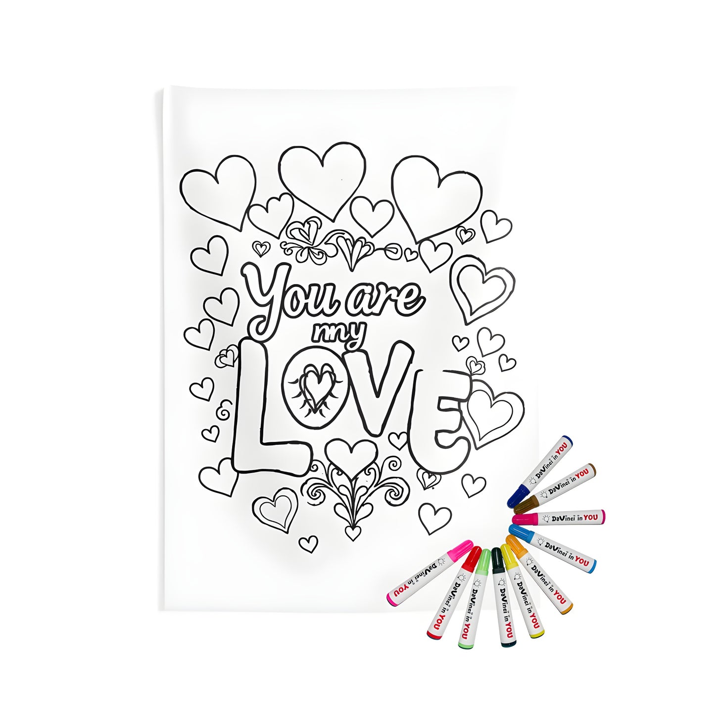 Indoor wall tapestries coloring kit with fabric markers featuring romantic hearts and love design