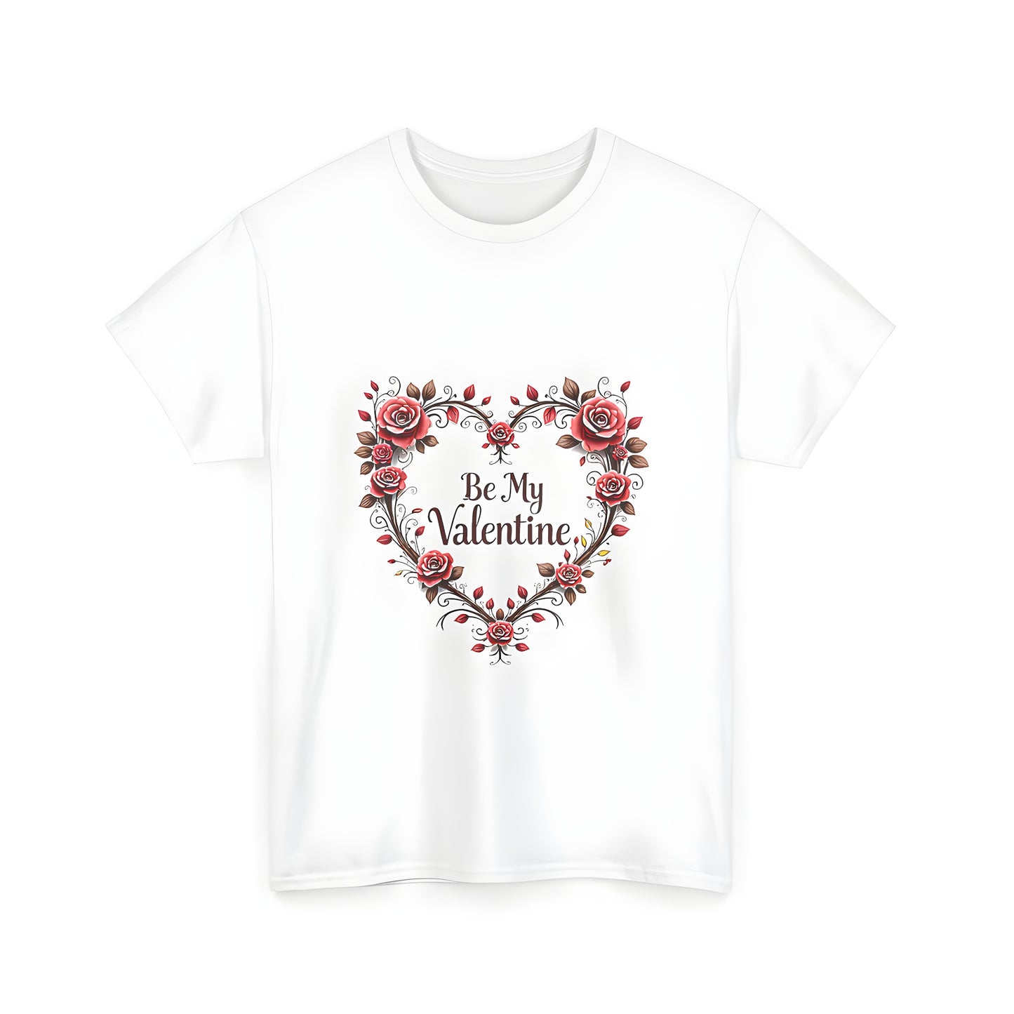 Colorful graphic t-shirt with heart-shaped floral design featuring pink roses and 'Be My Valentine' script