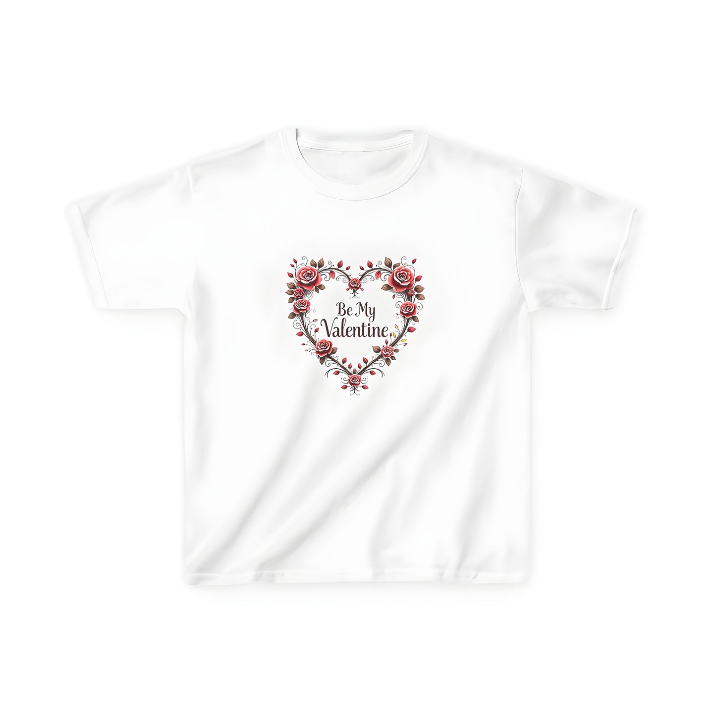 Kid's t-shirt with colorful graphic design featuring heart-shaped floral pattern with pink roses saying Be My Sweetheart or Be Mine