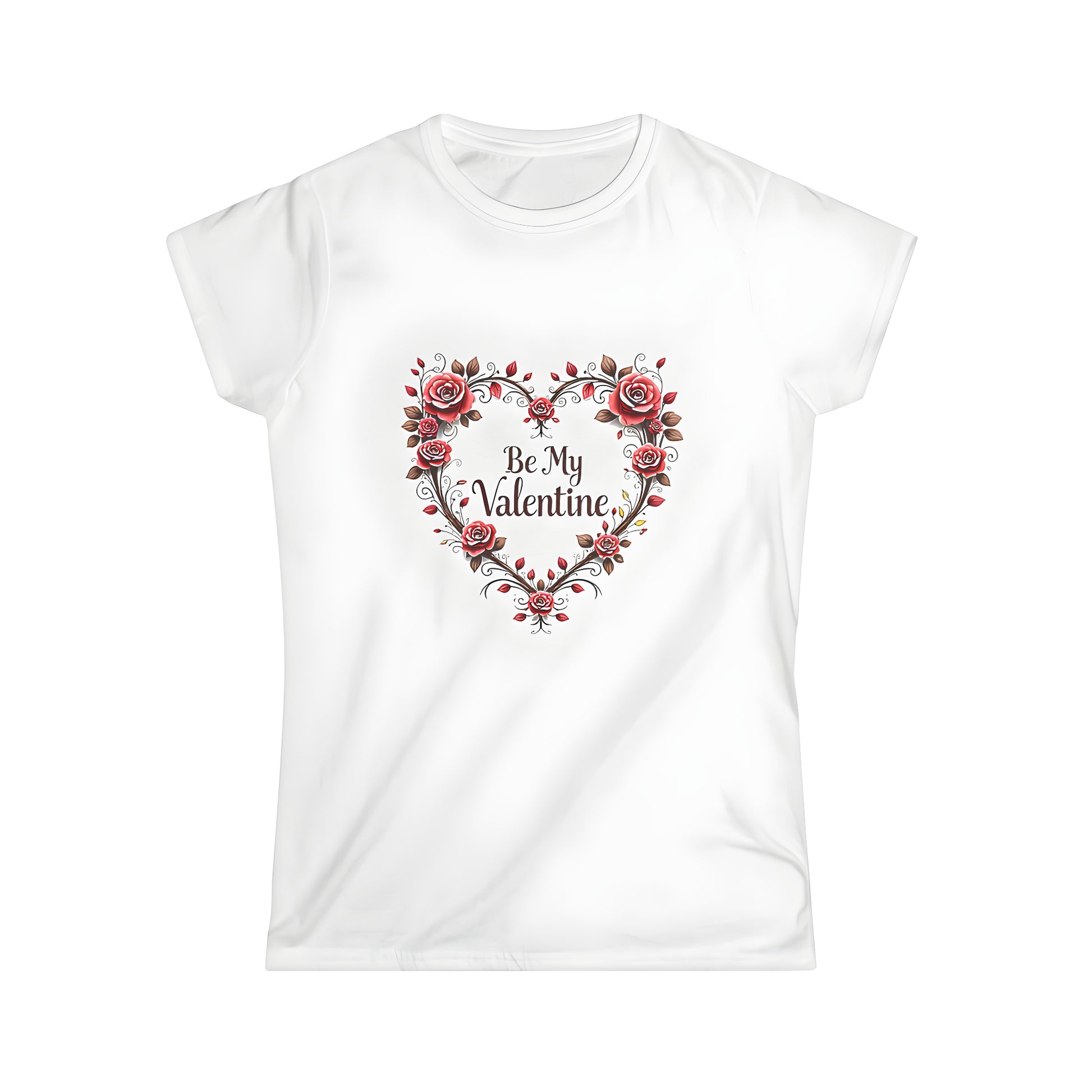 Colorful graphic Women's Valentine's Day t-shirt with heart-shaped floral design and pink roses featuring 'Be My Valentine' script