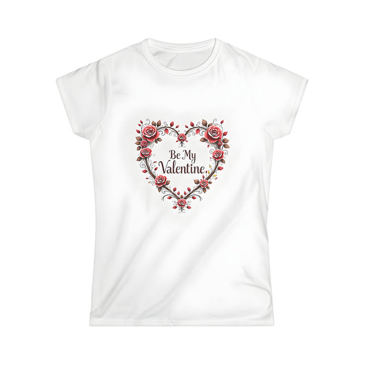 Colorful graphic Women's Valentine's Day t-shirt with heart-shaped floral design and pink roses featuring 'Be My Valentine' script