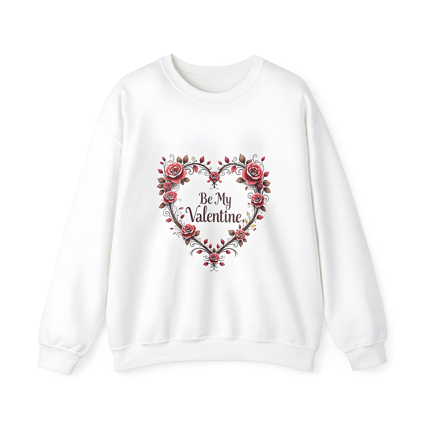 Adult sweatshirt with heart-shaped floral design featuring pink roses, 'Be My Valentine' script, and romantic love symbolism