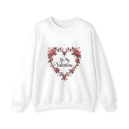 Adult sweatshirt with heart-shaped floral design featuring pink roses, 'Be My Valentine' script, and romantic love symbolism