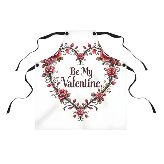 Colorful graphic design apron with heart-shaped floral pattern featuring pink roses and 'Be My Valentine' script