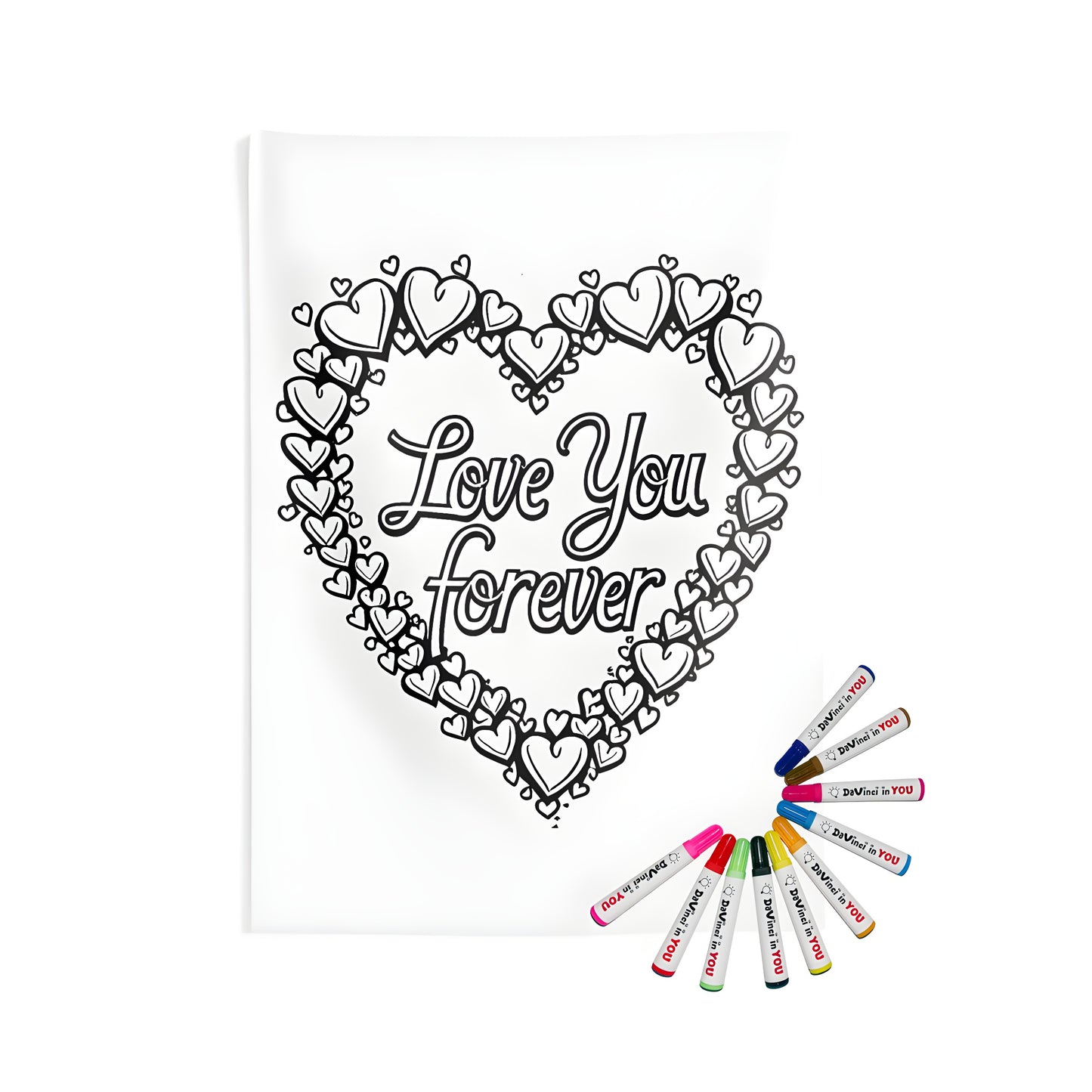 A cozy indoor wall tapestry featuring a heartwarming coloring page design with smaller hearts and 'Love You Forever' printed inside. Perfect for a love-themed home decor.