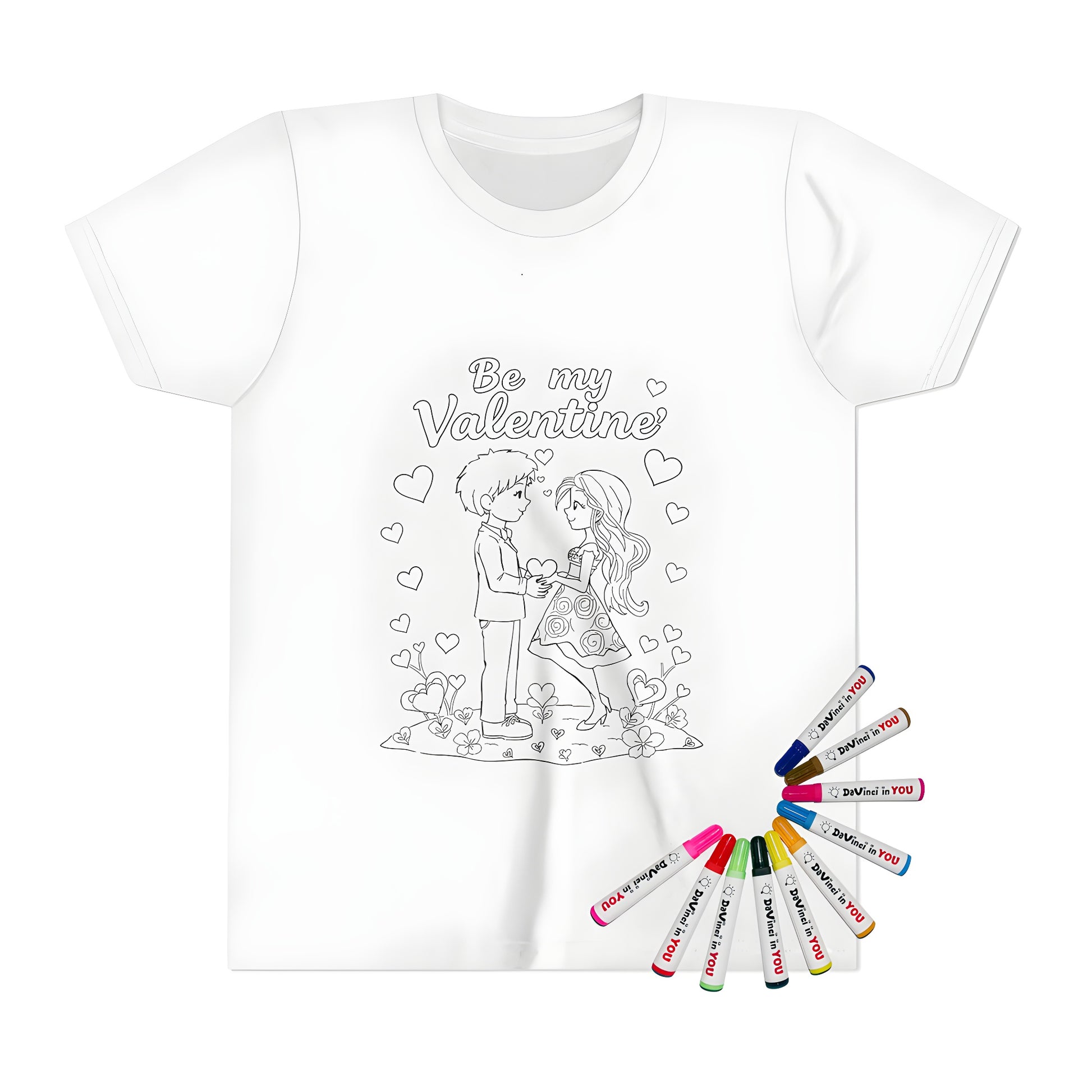 Kid's t-shirt with colorful cartoon couple exchange heart amidst flowers and hearts design. Perfect for Valentine's Day, love, sweetheart, or couples gift.