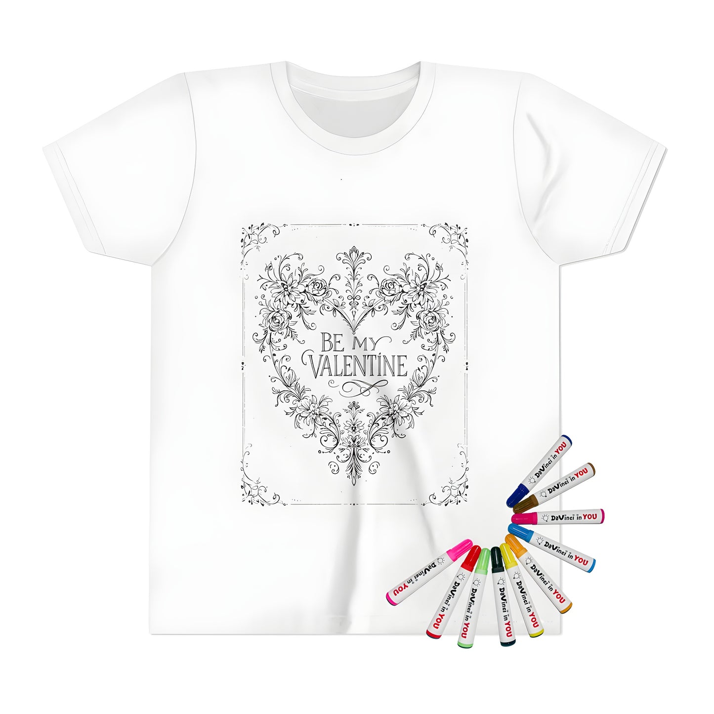 Kid's Valentine's Day t-shirt with colorful heart-shaped floral design and 'BE MY VALENTINE' text