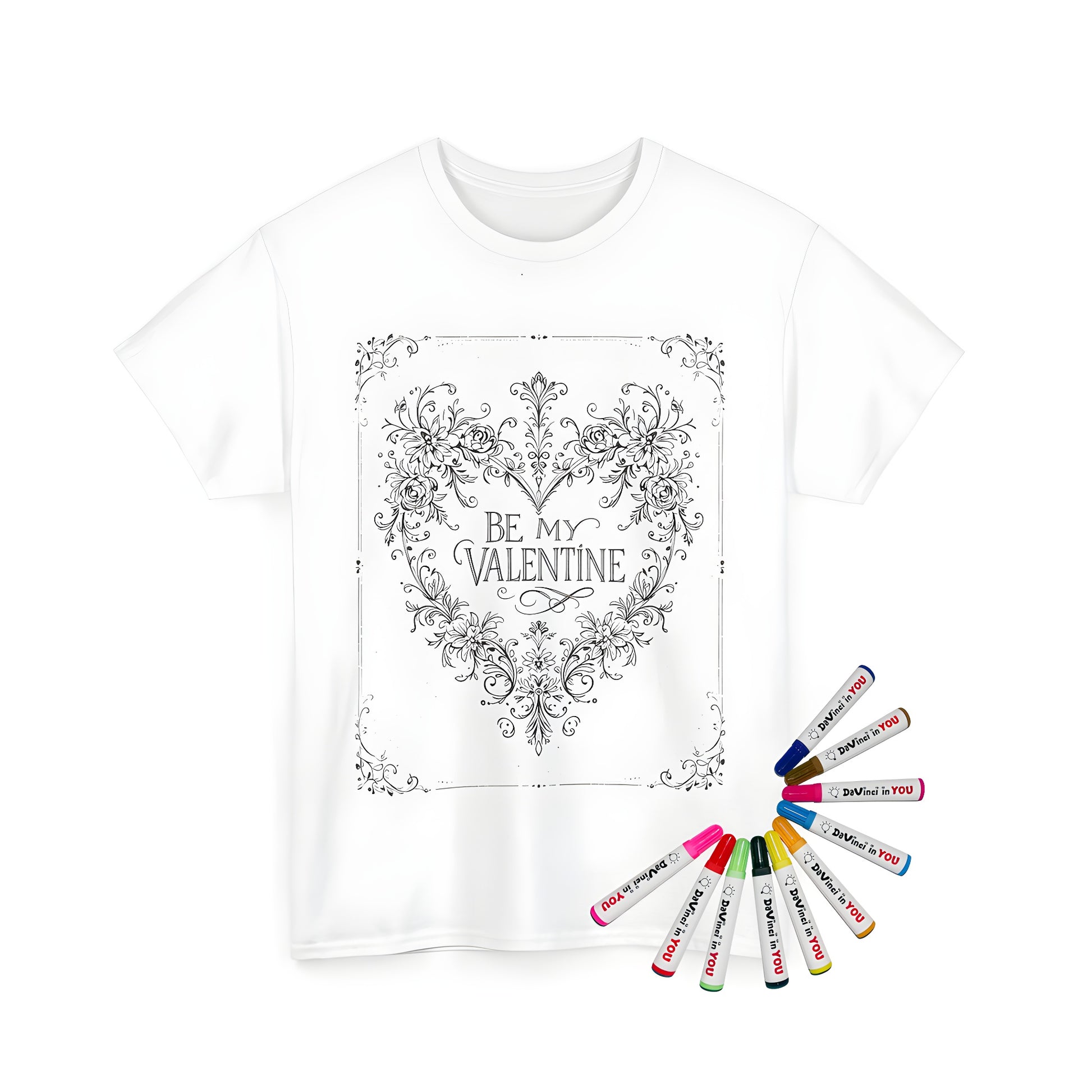 Lace trimmed unisex t-shirt featuring an ornate heart-shaped floral design with intricate detailing and 'BE MY VALENTINE' text at the center, surrounded by elegant swirls. Perfect for love birds and singles alike