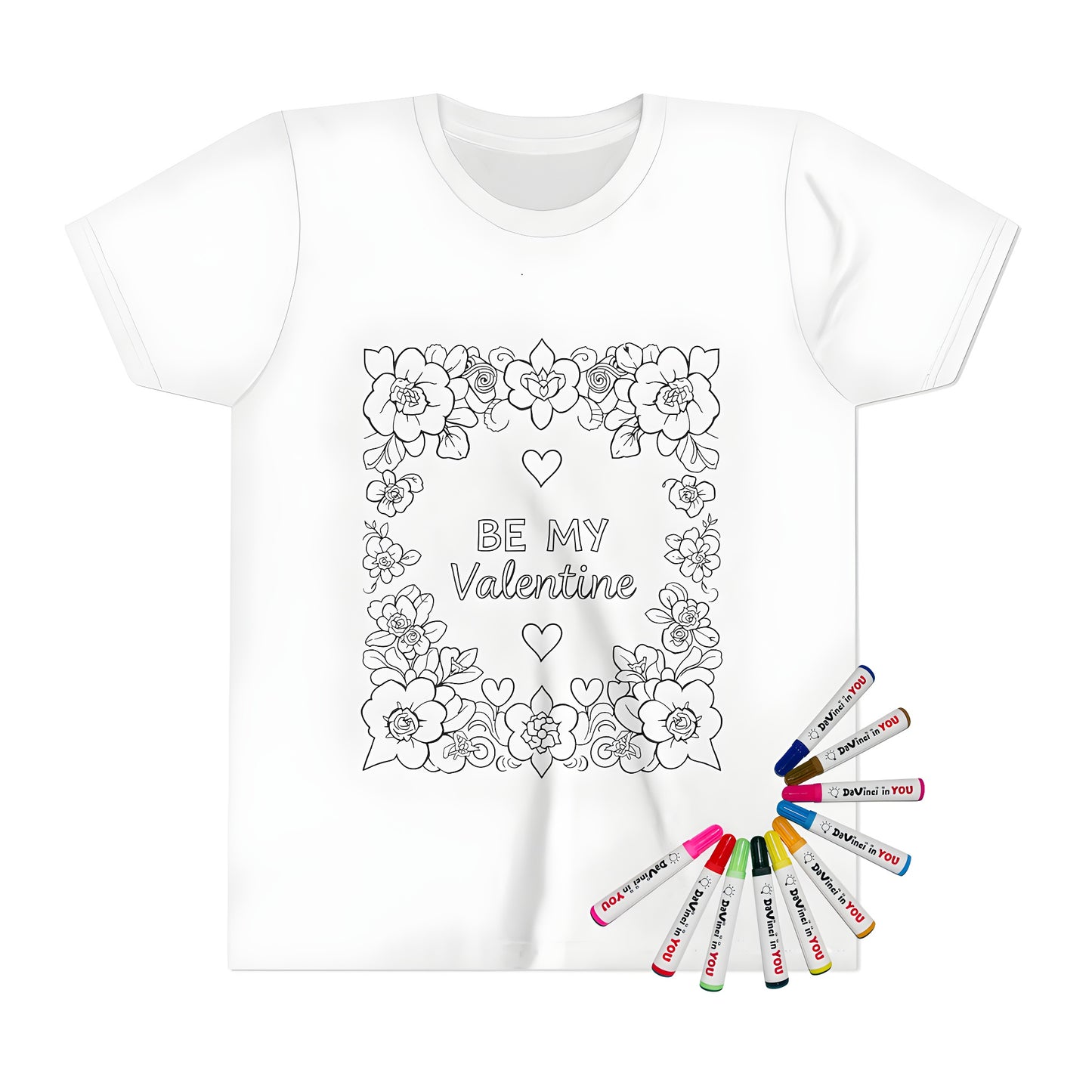Colorful kid's t-shirt with Valentine's Day design featuring 'Be My Valentine' phrase and ornate flowers