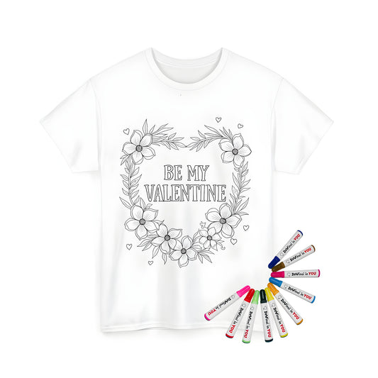 Unisex t-shirt with Valentine's Day coloring page design featuring floral wreath and hearts