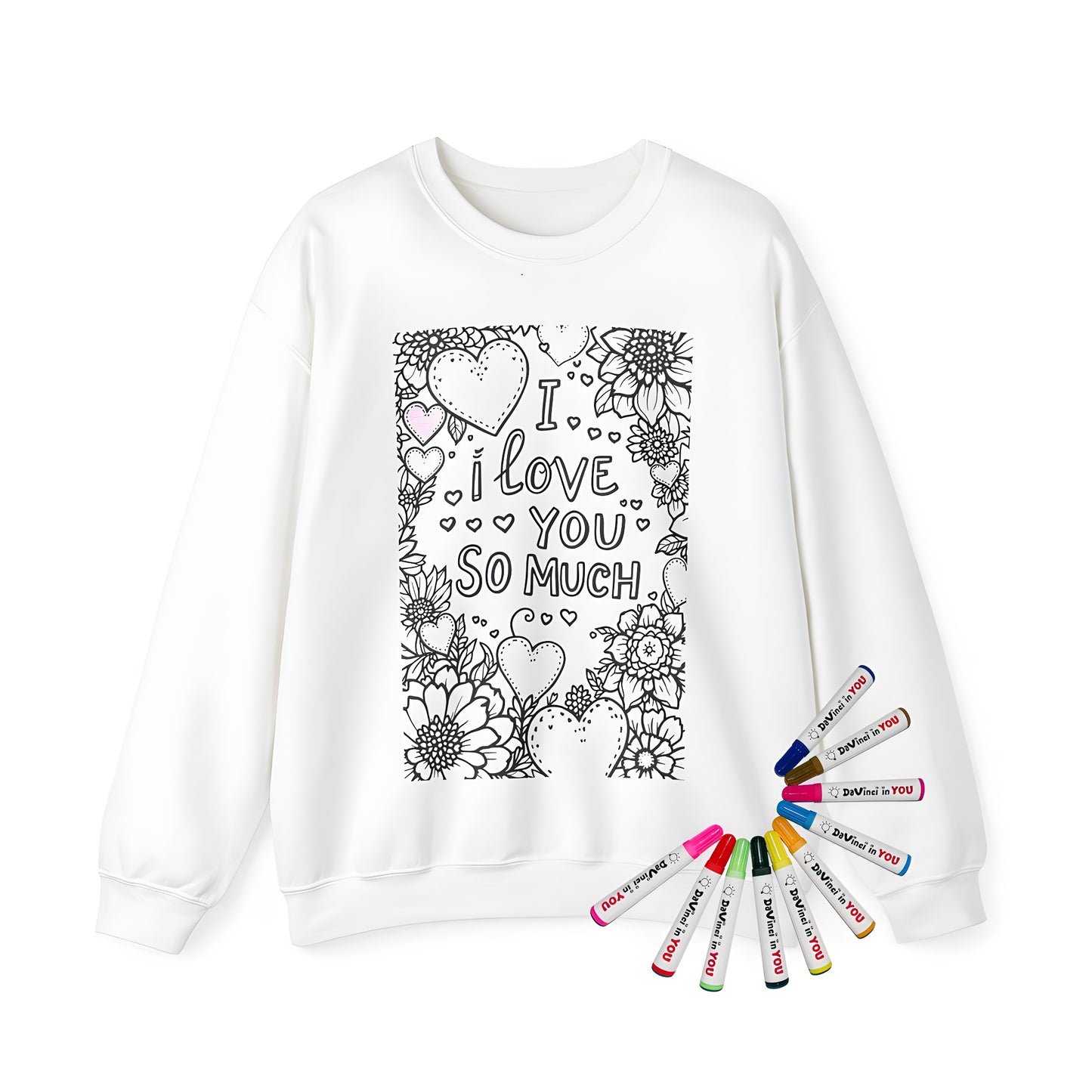 Adult sweatshirt featuring a floral pattern with heart shapes and love message