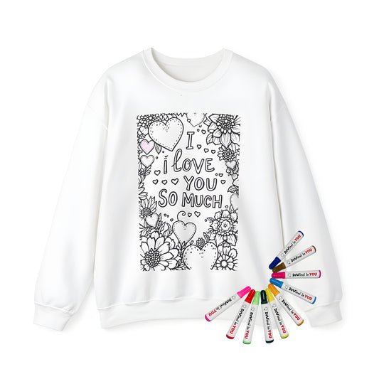 Adult sweatshirt featuring a floral pattern with heart shapes and love message