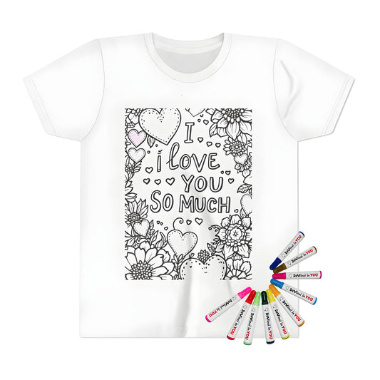 Child's t-shirt featuring a floral pattern with heart shapes and 'I love you so much' partially colored pink