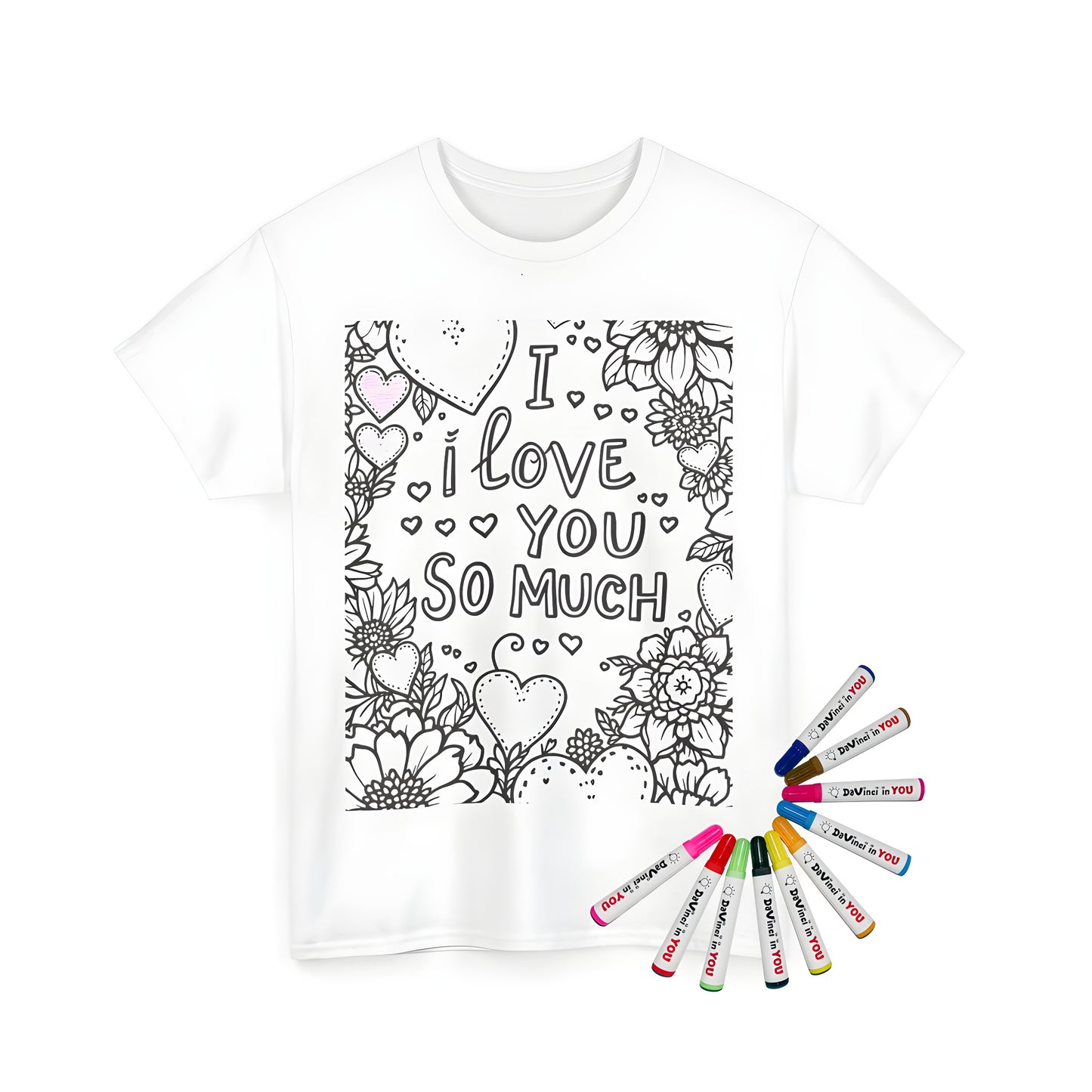 Lovely unisex t-shirt featuring an adorable floral pattern with heart shapes and 'I love you so much' written in pink