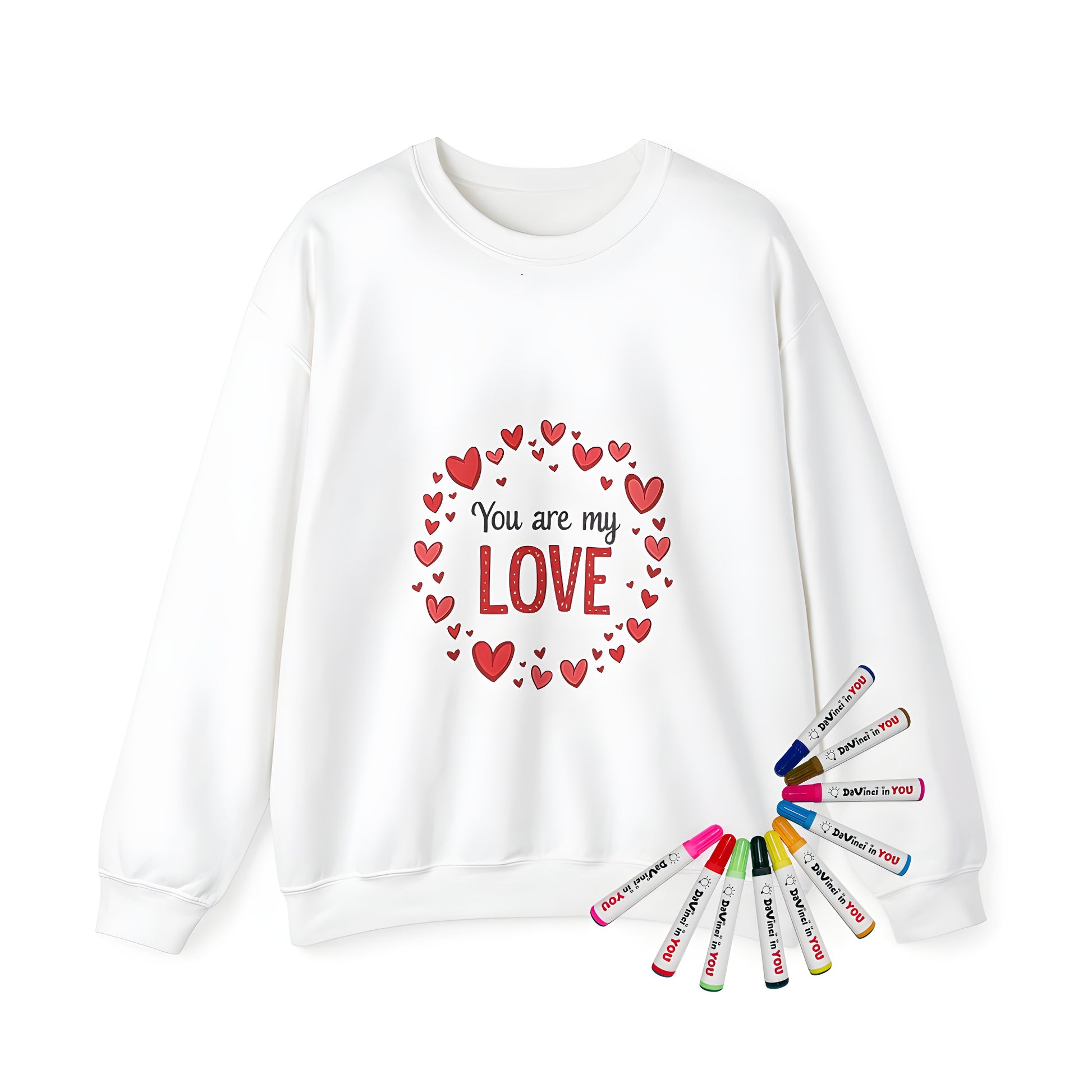 Adult sweatshirt with a decorative heart design, featuring a large symbol of love with 'You are my Love' inside, surrounded by flowers and stars.